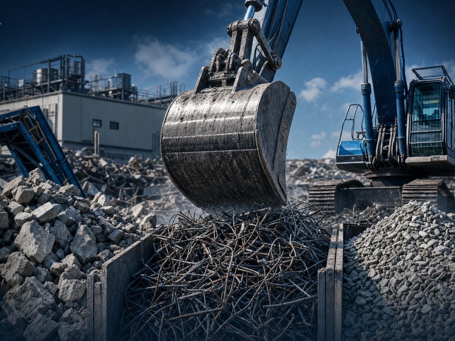 Bagger sortiert Beton und Stahlschrott für Recycling und Entsorgung – KI-generiertes Motiv der HSM GmbH