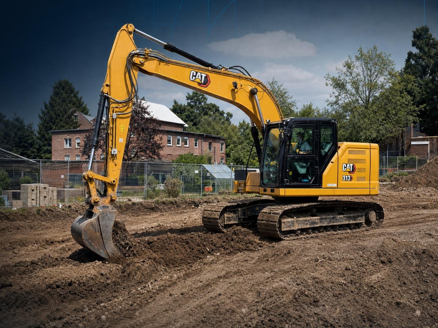 Kettenbagger beim Erdaushub auf einer Baustelle – KI-generiertes Motiv der HSM GmbH