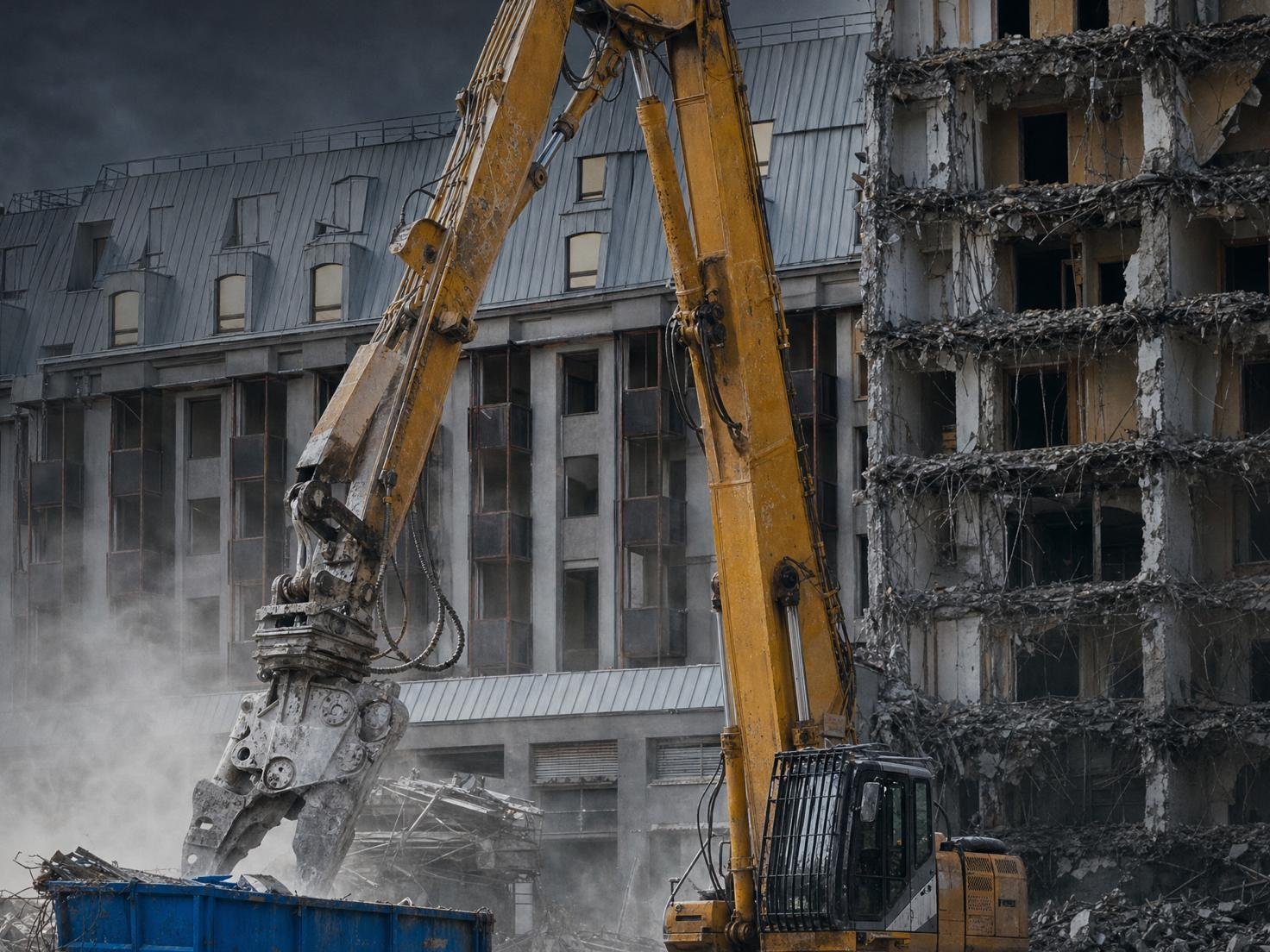 Kontrollierter Gebäuderückbau mit Longfront-Bagger – KI-generiertes Motiv der HSM GmbH