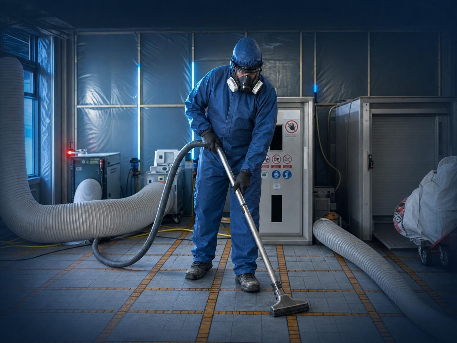 Mitarbeiter in Schutzanzug und Atemschutz bei der Schadstoffsanierung im abgeschotteten Bereich – KI-generiertes Motiv der HSM GmbH