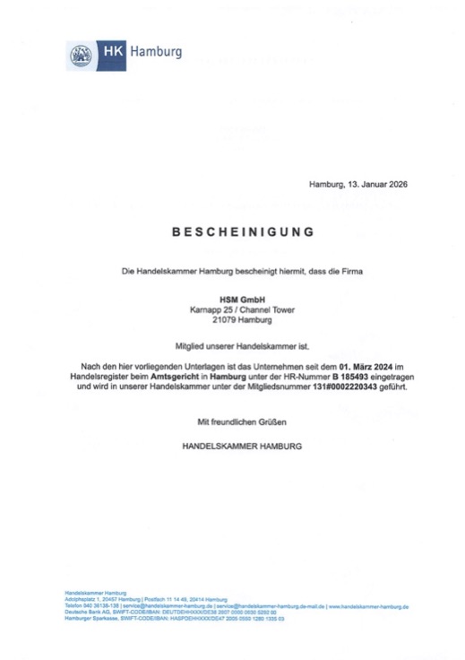 Bescheinigung der Handelskammer Hamburg über die Mitgliedschaft der HSM GmbH