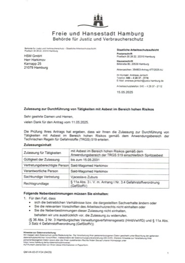 Zulassungsbescheid der Stadt Hamburg für Asbestarbeiten im Bereich hohen Risikos