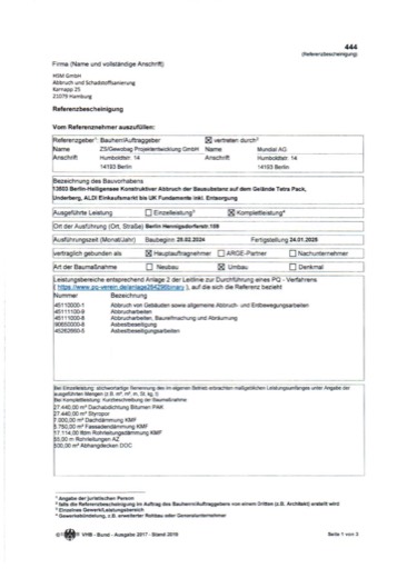Referenzbescheinigung des Auftraggebers für das Projekt Berlin-Heiligensee